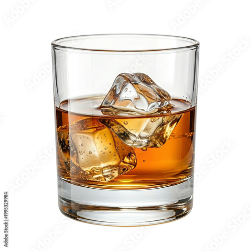 Whiskey glass with ice cubes, isolated on white background, refreshing alcoholic drink