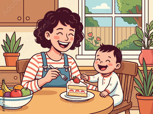 A woman and a baby are sitting at a table eating cake in a kitchen.