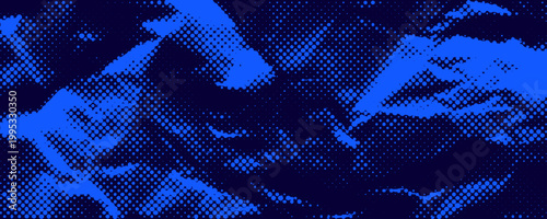 Dark blu halftone crumpled paper background. Dotted creased paper page wallpaper. Rough comic wrinkled texture. Colorful cartoon pop art crumpled surface overlay. Vector aged grunge damaged page sheet