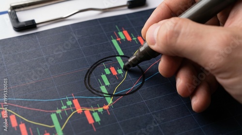 Businessman analyzing bullish stock market trend with crypto trading charts marked by hand showing financial growth and investment strategy