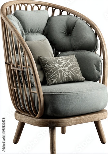 Rattan chair with soft gray cushions and wooden legs