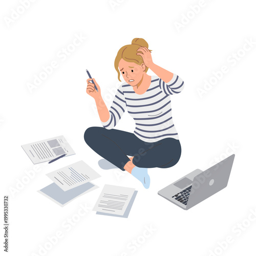 Woman sits cross-legged on floor surrounded by books and laptop stressed