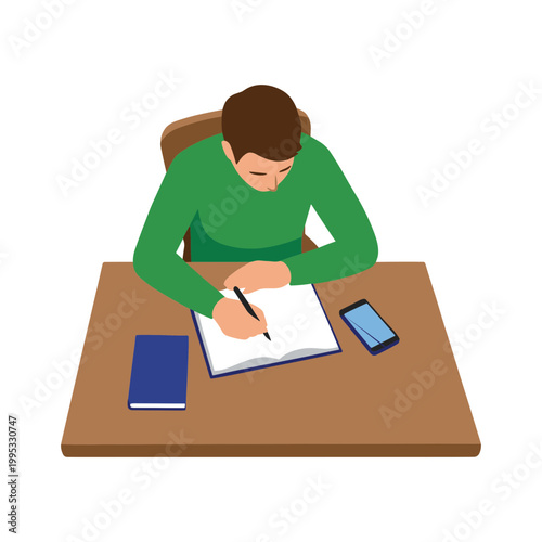 Man sitting at desk writing in notebook with phone and book