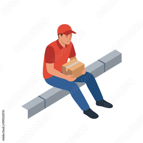 A delivery man sits on a wall holding a package.