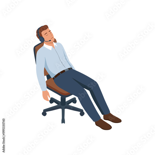 A man wearing headphones sleeps peacefully on an office chair.