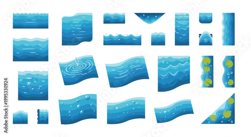 Blue water surface textures and wave patterns, collection of 20 aquatic vector elements, sea and ocean ripples with lily pads for game design