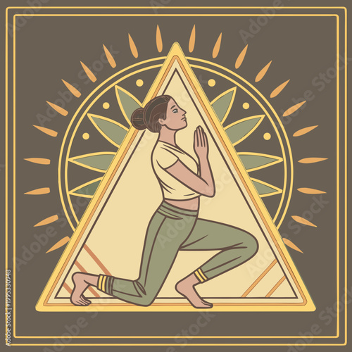 Woman lunging in triangle sun mandala yoga pose.