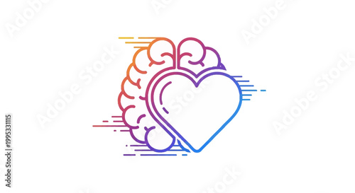 Gradient line art illustration depicting the harmonious connection between brain and heart for