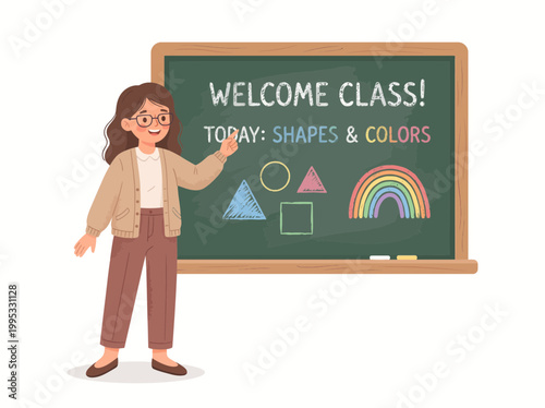 Teacher standing beside colorful chalkboard with shapes and rainbow
