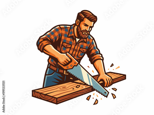 Man cutting wood with handsaw in workshop environment