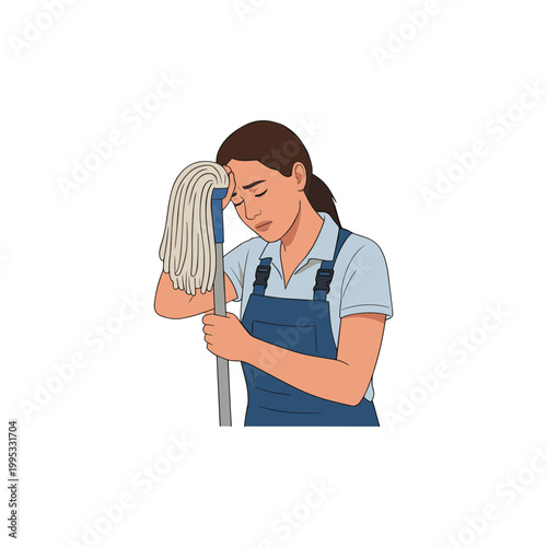 Woman holding a mop with a worried expression on her face indoors.