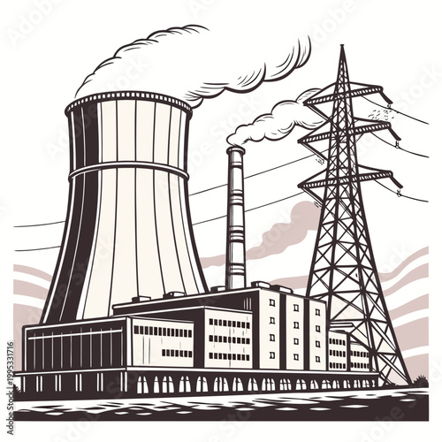 A vintage style illustration depicts a power plant with cooling towers and a high voltage transmission tower symbolizing energy production high quality