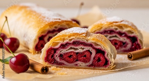 Hungarian rétes cherry strudel with flaky phyllo layers
