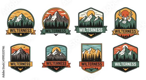 Collection of wilderness badges and labels.