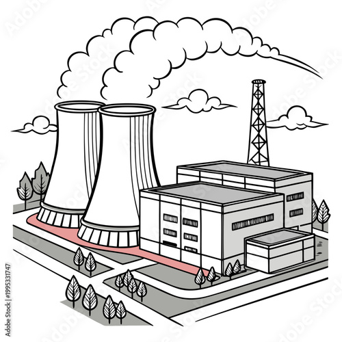A simplistic black and white illustration depicts a nuclear power plant with cooling towers and emitting smoke suggesting industrial activity high quality