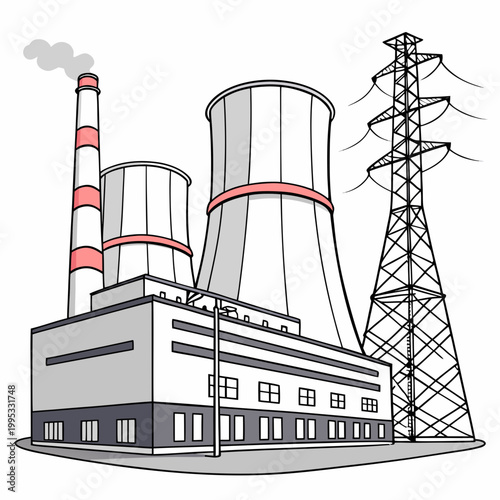 A simplified cartoon illustration depicts a power plant with cooling towers a building and a transmission tower high quality professional detailed modern