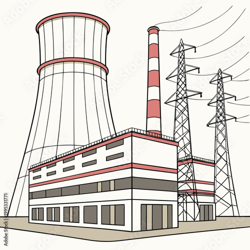 A colorful illustrative depiction of an industrial power plant with cooling towers and electrical transmission pylons stands prominently high quality professional detailed