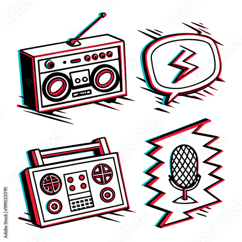 A vector graphic illustration of a boombox, radio, and microphone in a bold, colorful design