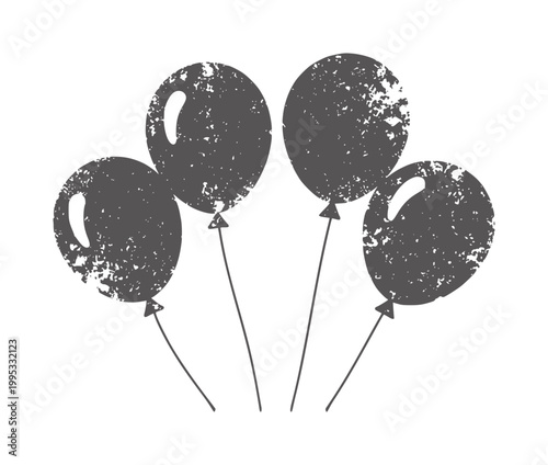 Four dark gray textured balloons floating white