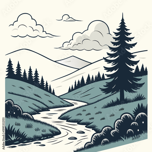 A vintage style illustration depicts a tranquil landscape featuring rolling hills a winding river and a dense forest high quality professional detailed