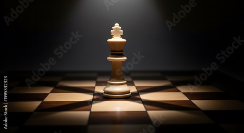 Single Chess King Piece on Board, Dramatic Spotlight, Strategy Concept