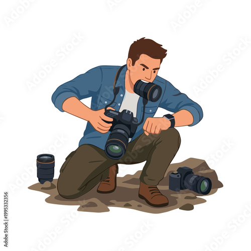 Man crouches on ground examining camera lenses closely outdoors