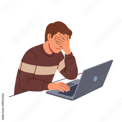 Frustrated man covers face while sitting at desk with laptop computer