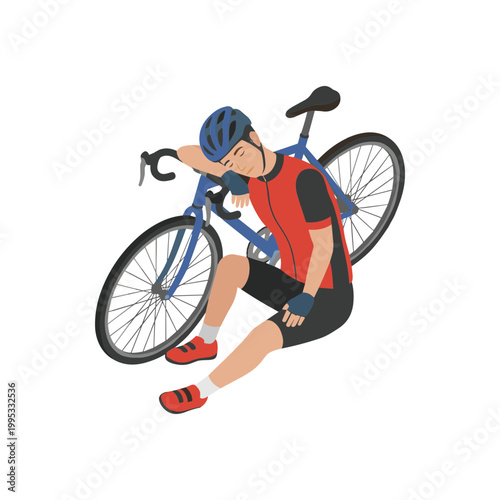 Cyclist wearing red shirt and blue helmet sits with bicycle fallen