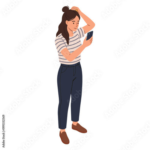 A woman stands confused looking at her phone with one hand on her head.