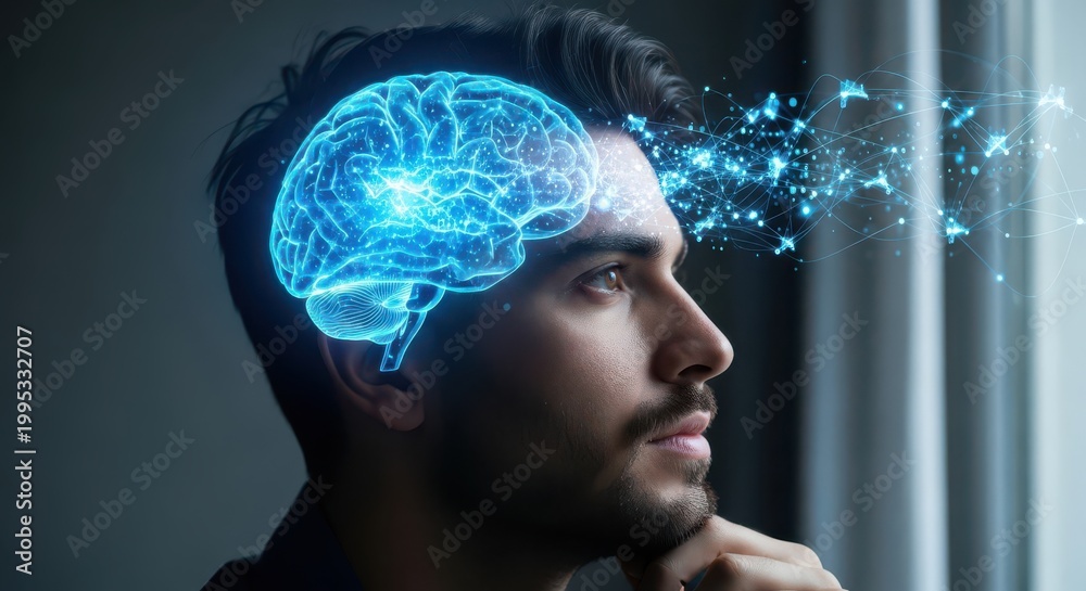Obraz premium Digital representation of human cognition shows a glowing brain structure emanating thought patterns next to a man.