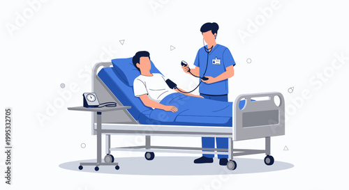 Medical, healthcare, hospital scene, doctor, nurse, patient, blood pressure, checkup, blue uniform, white background