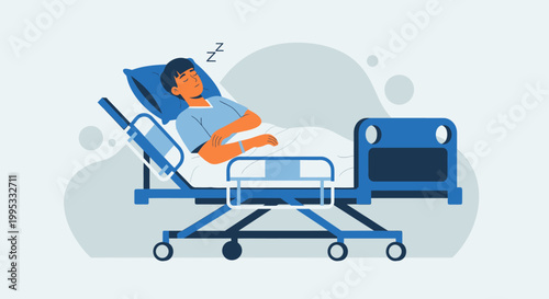Hospital bed, medical equipment, healthcare illustration, patient care, blue and orange vector graphic