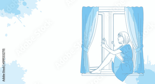 Melancholic woman sitting by window, blue monochrome illustration, vector art, minimalist design, emotional scene