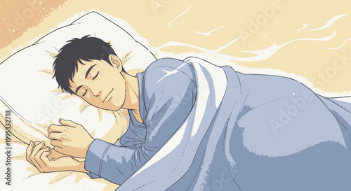 Sleeping man, lying on bed, resting, relaxation, peaceful slumber, blue pajamas, vector illustration