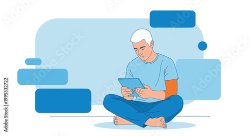 relaxed man, sitting, using tablet, blue background, vector illustration, casual, modern design, digital lifestyle, technology, leisure