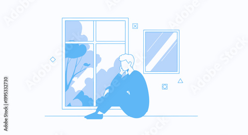 Sad woman sitting by window, blue minimalist illustration, vector graphics, emotional scene, depression concept