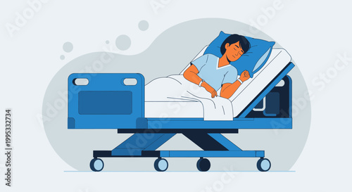 Hospital bed, medical equipment, healthcare vector, blue color scheme, patient recovery, medical facility, doctor, patient care