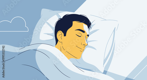 Sleeping man, peaceful slumber, dreamy illustration, vector relaxation