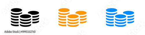 Coin stack icons in black, gold, and blue represent financial growth and savings, depicted on a clean white background for versatile use.