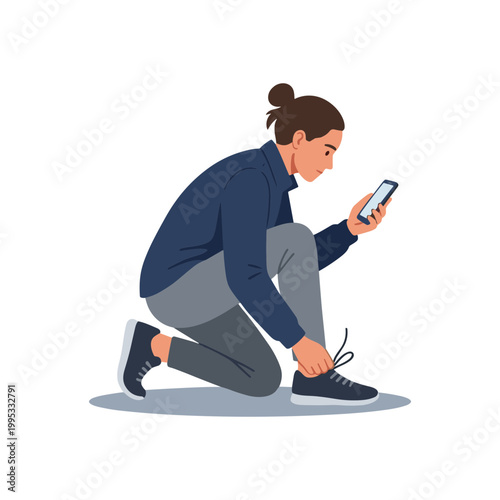 A woman ties her shoelace while looking at her phone on one knee.