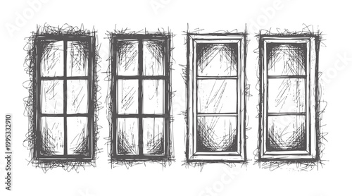 Four sketchy window frames with scribbled glass panes