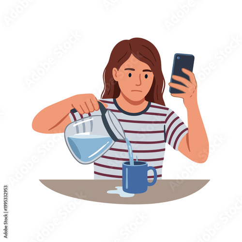 Woman pouring water distractedly into a mug while looking at her phone.