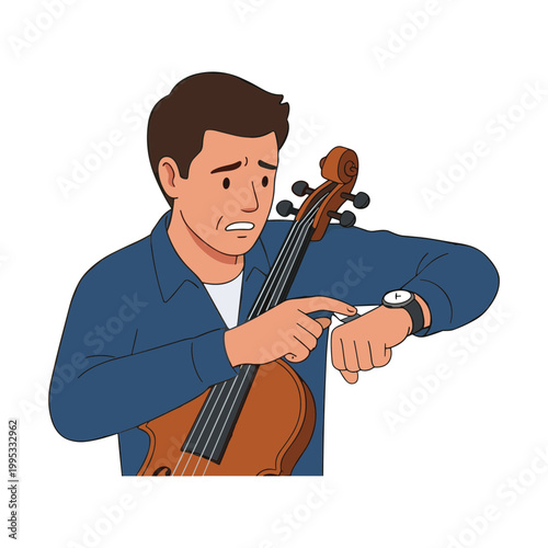 A man plays the cello while checking his wristwatch nervously.
