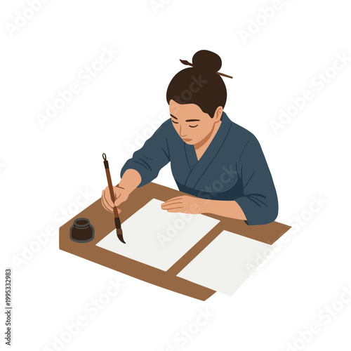 A woman writes calligraphy with a brush on paper indoors.