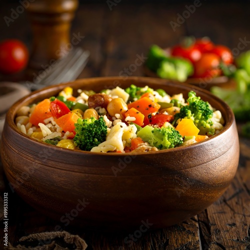 Delicious vegetable mix in wooden bowl.