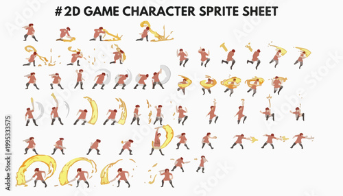 2D game character sprite sheet, animated warrior hero with sword attack effects, fantasy fighter movement frames for mobile game development
