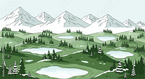 Vintage mountain landscape vector illustration, scenic alpine valley with pine forest and lakes, retro outdoor nature background for travel posters