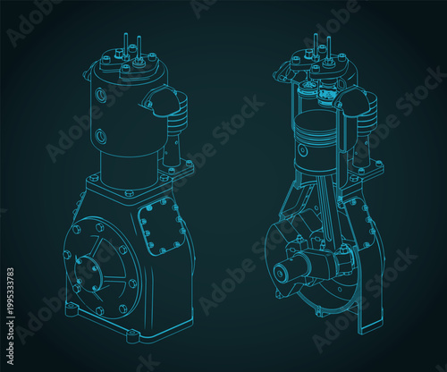 Air compressor cutaway technical illustration with internal parts