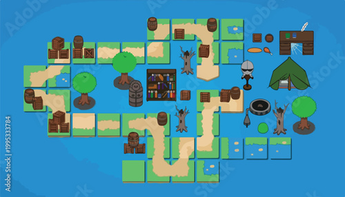 Isometric game assets vector set, medieval fantasy map tiles with paths and trees, adventure tabletop board game elements for digital design