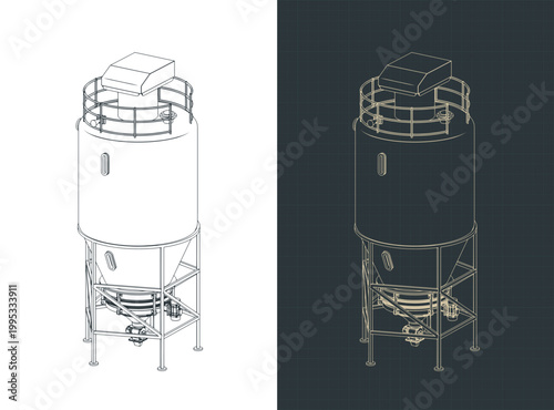 Industrial storage silo with conical bottom isometric technical drawings